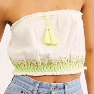 Free People No More Tiers Tube Top Large Neon Green and Ivory Tassel Boho Chic